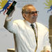 Colombia's Literature Nobel Prize-winner Gabriel Garcia Marquez, holds a special edition of "One Hundred Years of Solitude" during the IV International Congress of Spanish Language's opening ceremony, in Cartagena, Monday, March 26, 2007. 