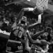 In this April 30, 1984 file photo, New York Knick Marvin Webster (40) goes to the hoop as Boston Celtics Robert Parish (00) tries to defend during second period NBA playoff action at the Boston Garden in Boston.